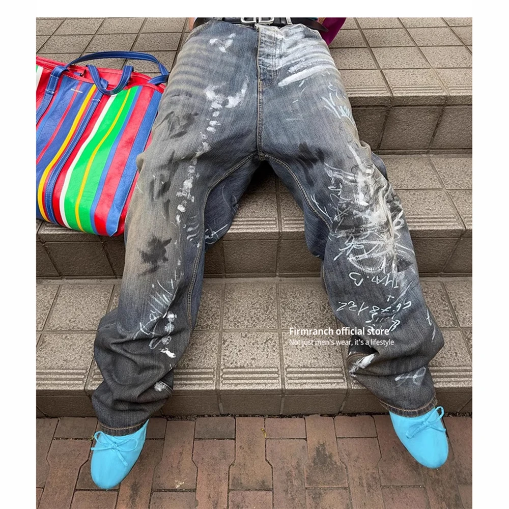 

Firmranch Make Old Blue Hand-painted Graffiti Baggy Jeans For Men Women 2024 Oversized Wide Leg Denim Pants All Seasons Trouser