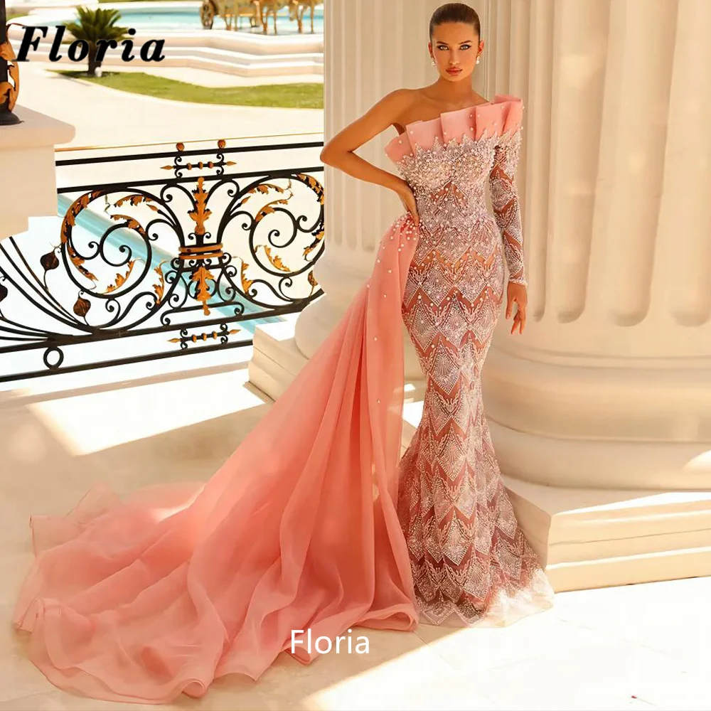 

Floria Cheap Mermaid Evening Dresses With One Shoulder Sparkly Beading Pearls Prom Gowns Dubai Custom Made Wedding Party Dresses