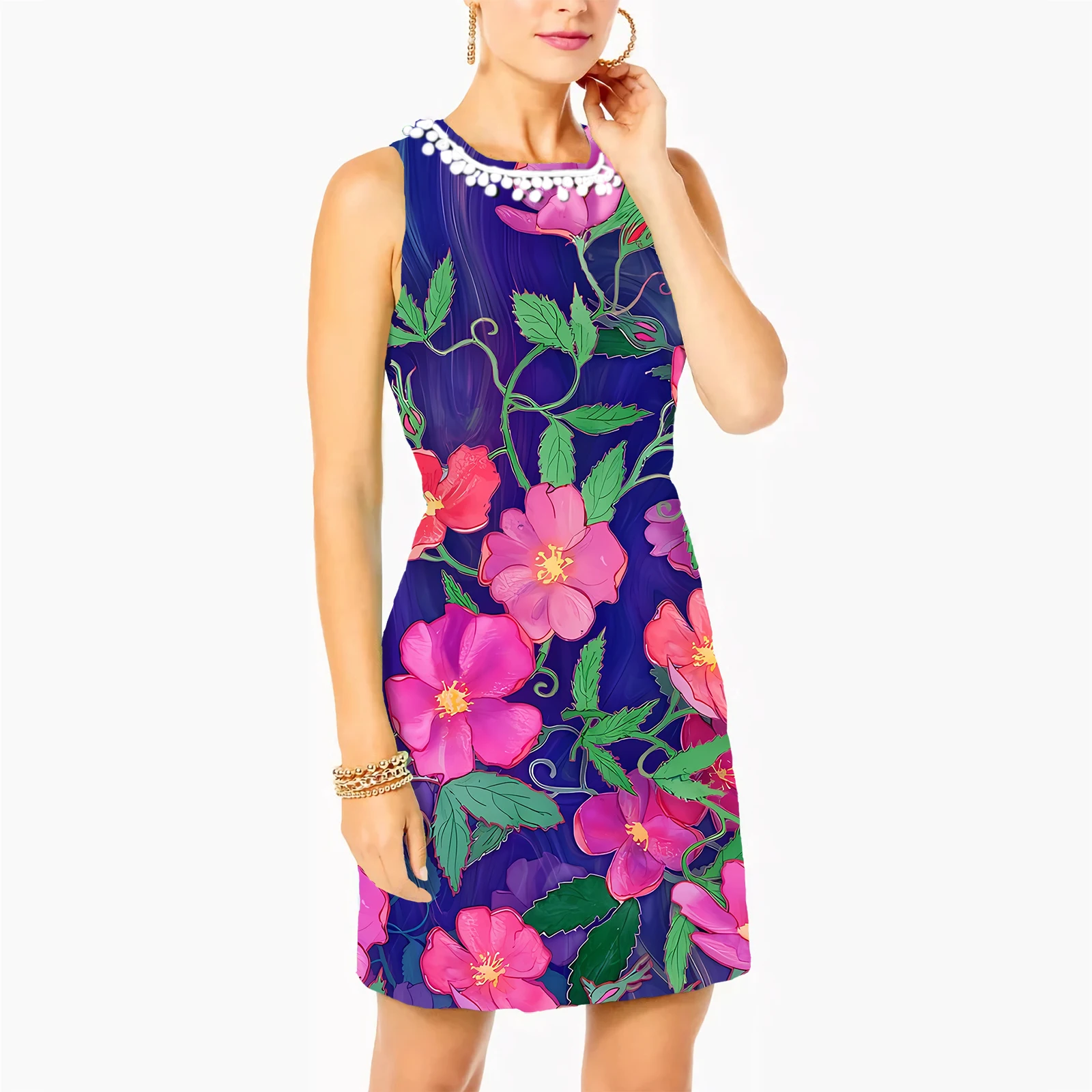 

MSIEESO Women Flowers Dresses Pretty Florals Vine Printed Slim Fit Tassel Dress Summer Sleeveless Bodycon Dress Dropshipping