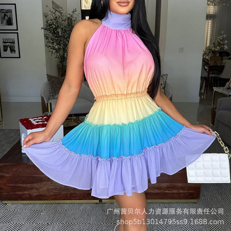 

Wepbel Y2K Color Printed Sleeveless Dress Women Halter High Waist A-line Backless Dress Summer Sexy O-neck Sexy Mini Beach Dress