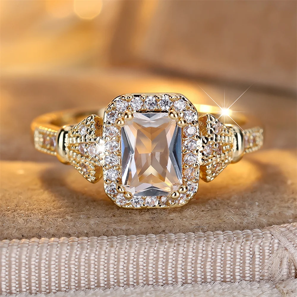 Luxury Crystal Square Zircon Stone Rings For Women Vintage Gold Color Engagement Bands Wedding Jewelry Bridal Versatile Gifts