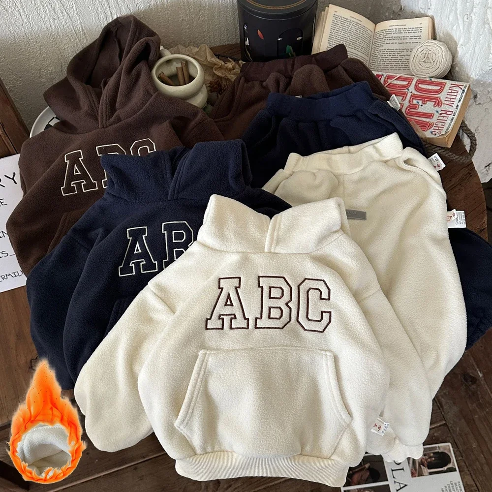 Kids Clothing Fleece Hoodie Tracksuit Set Warm Pullover And Pants Outfit