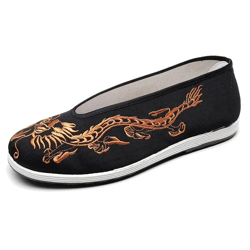 Cloth Shoes Men Old Beijing  Soft Sole Chinese Embroidery Men Shoes Chinese Style Yellow Black Dragon Round Mouth Cloth Shoes 6