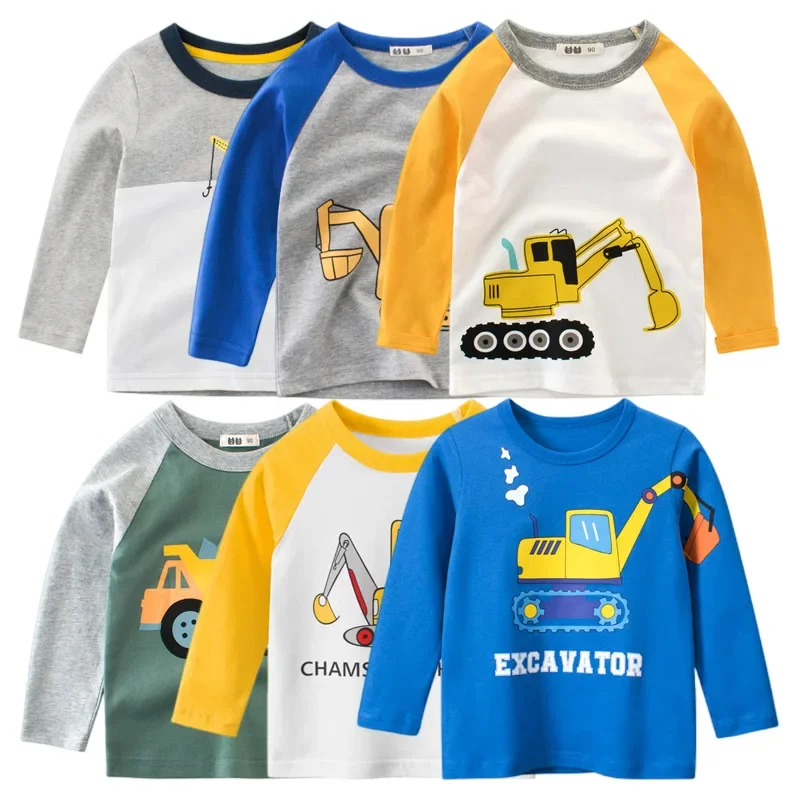 Children T Shirt Boys Clothes Cartoon Excavator T-shirt Autumn Long Sleeve O-Neck Cotton Kids T Shirts