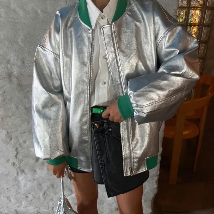 Sliver Pu Leather Jackets for Women Winter Stand Collar Long Sleeve Jacket Streetwear Patchwork Zip Coat Female