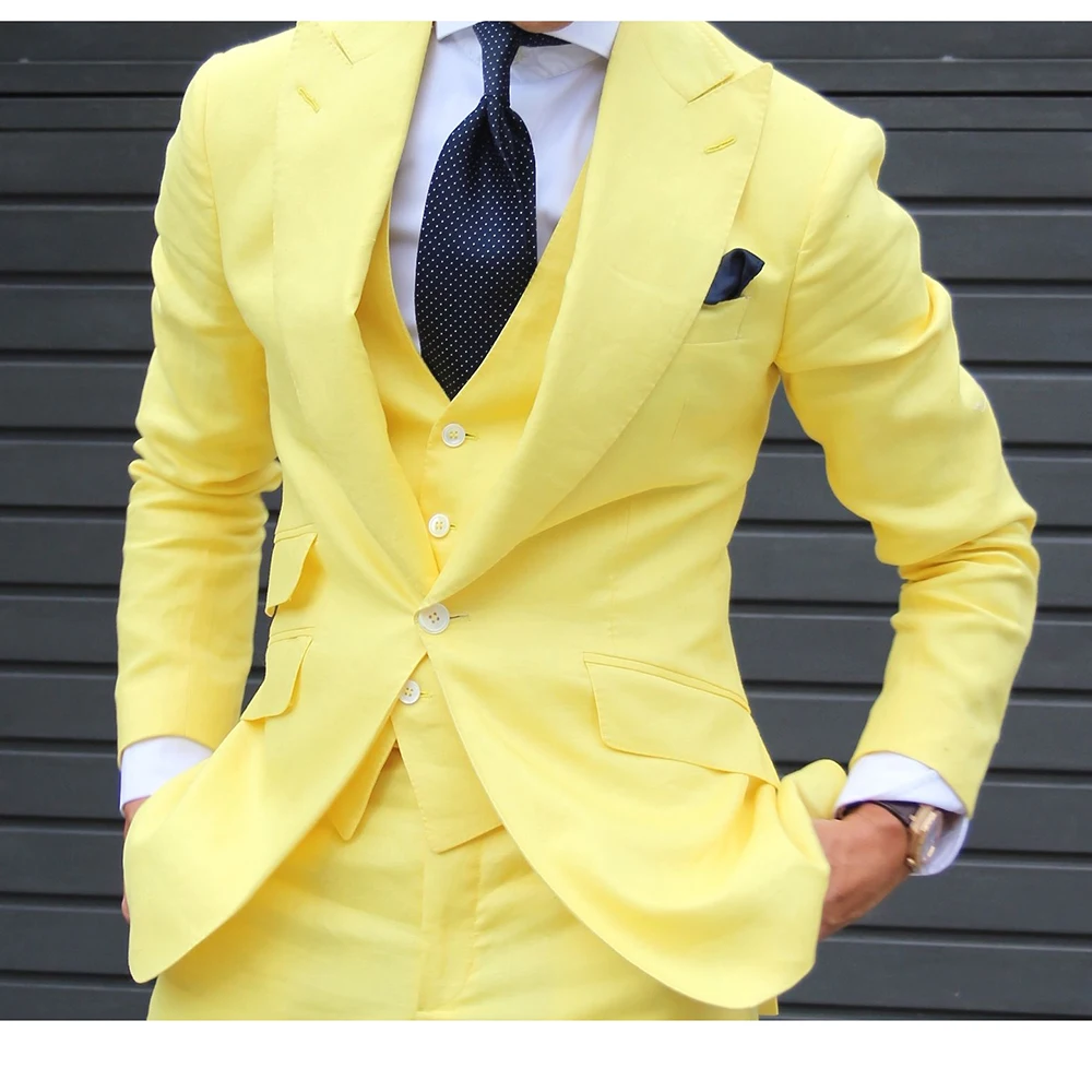 

2023 Summer Yellow Blazer Men's Suits Single Breasted Casual Costume Wedding Groom Terno Slim Fit Three Piece Jacket Pants Vest