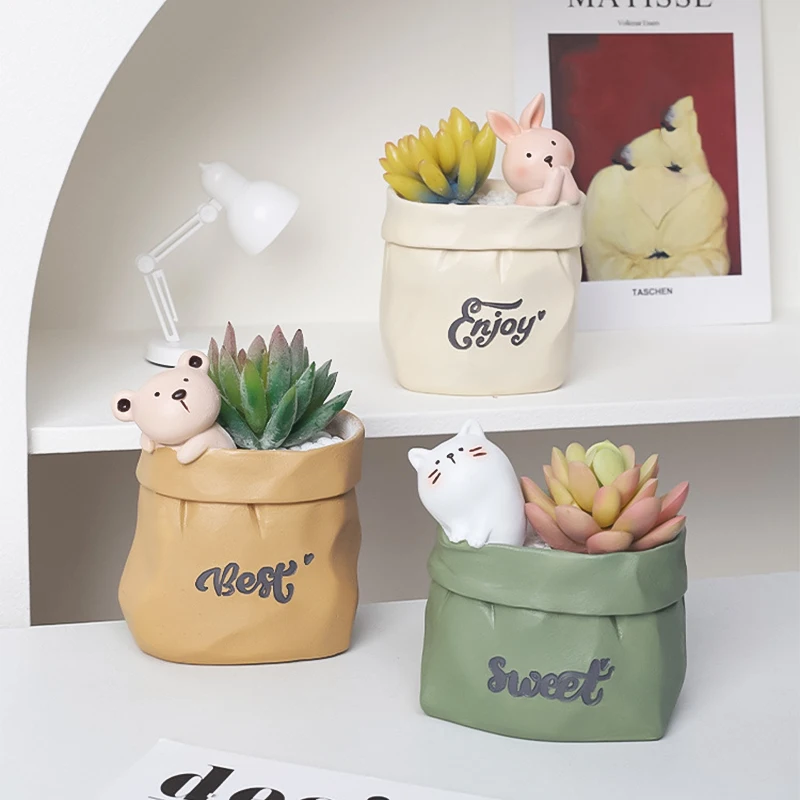 

Retro Imitation Paper Bag Resin Succulent Flower Pot Pen Container Desktop Organization Storage Children's Pen Holder Home Decor