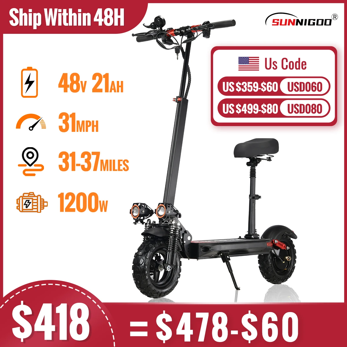 1200W Powerful Electric Scooter 48V 21Ah 31Mph 31-37Miles Range 11'' Tires Dual Shock Absorbing Folding EScooter for Adults electric scooter