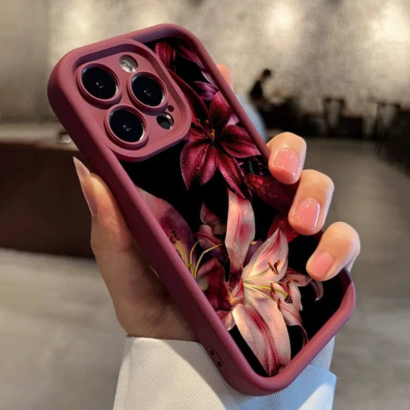 Luxury Dark-Themed Wine Red Phone Case with Water Droplet Lily Design