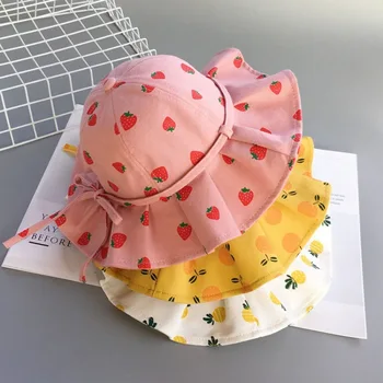 Sweet Baby Summer Hat for Girls Cotton Fruit Print Kids Bucket Hats Bowknot Princess Children Sun Cap Beach Travel 1-3Y 1