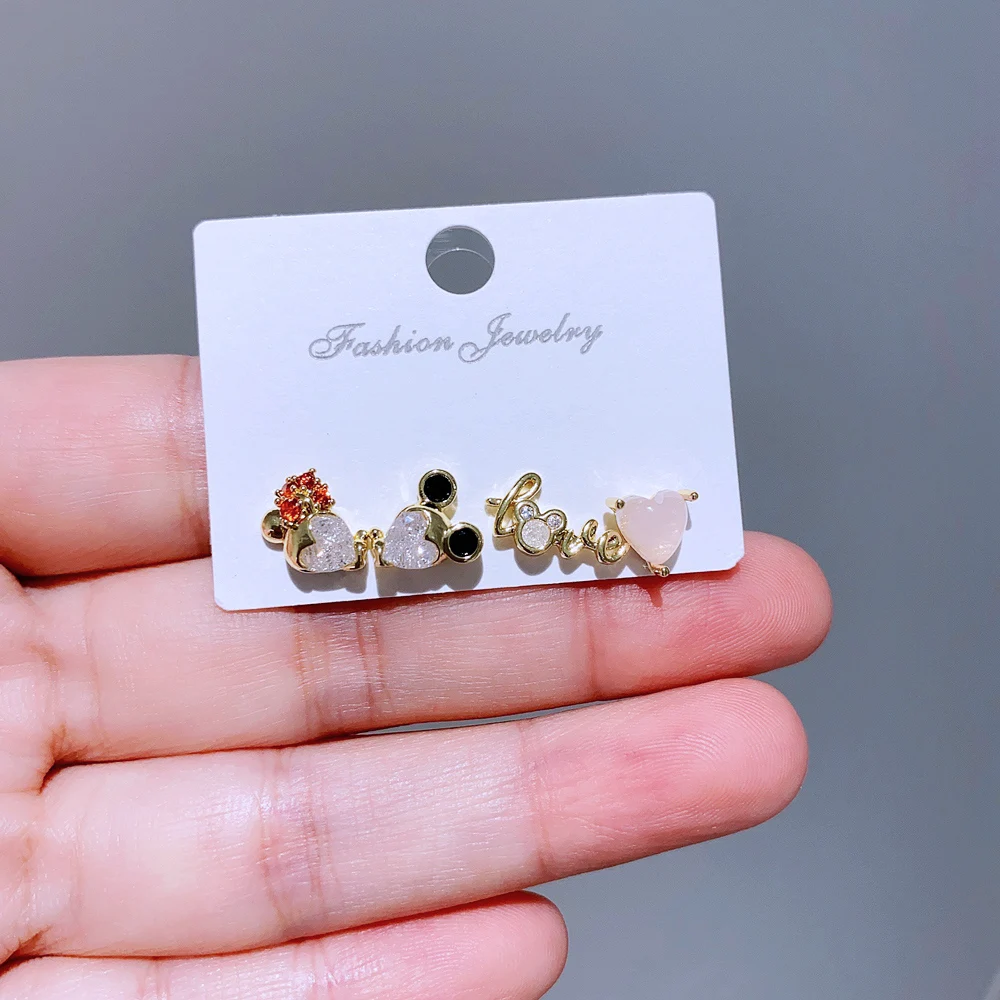 4pcs/set Small Love Heart Mouse Cartoon Stud Earrings Gold Color Women Girls Cubic Zircon Gift Jewelry 5