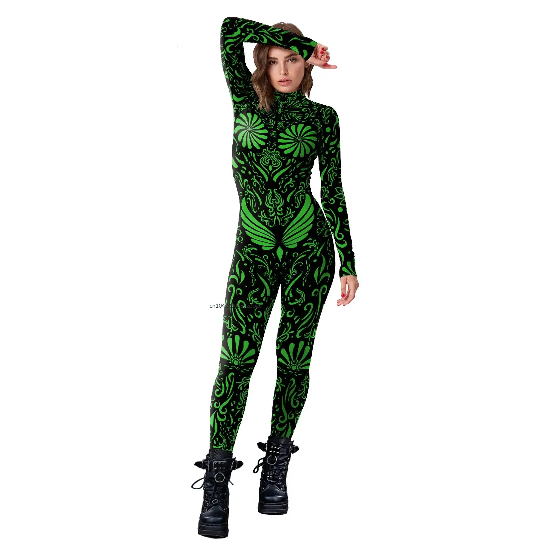 

Women Jumpsuits Green Print Geometric Patterns Party Carnival Cosplay Costume Catsuit Zentai Bodysuit Fancy Long Sleeve Bodysuit