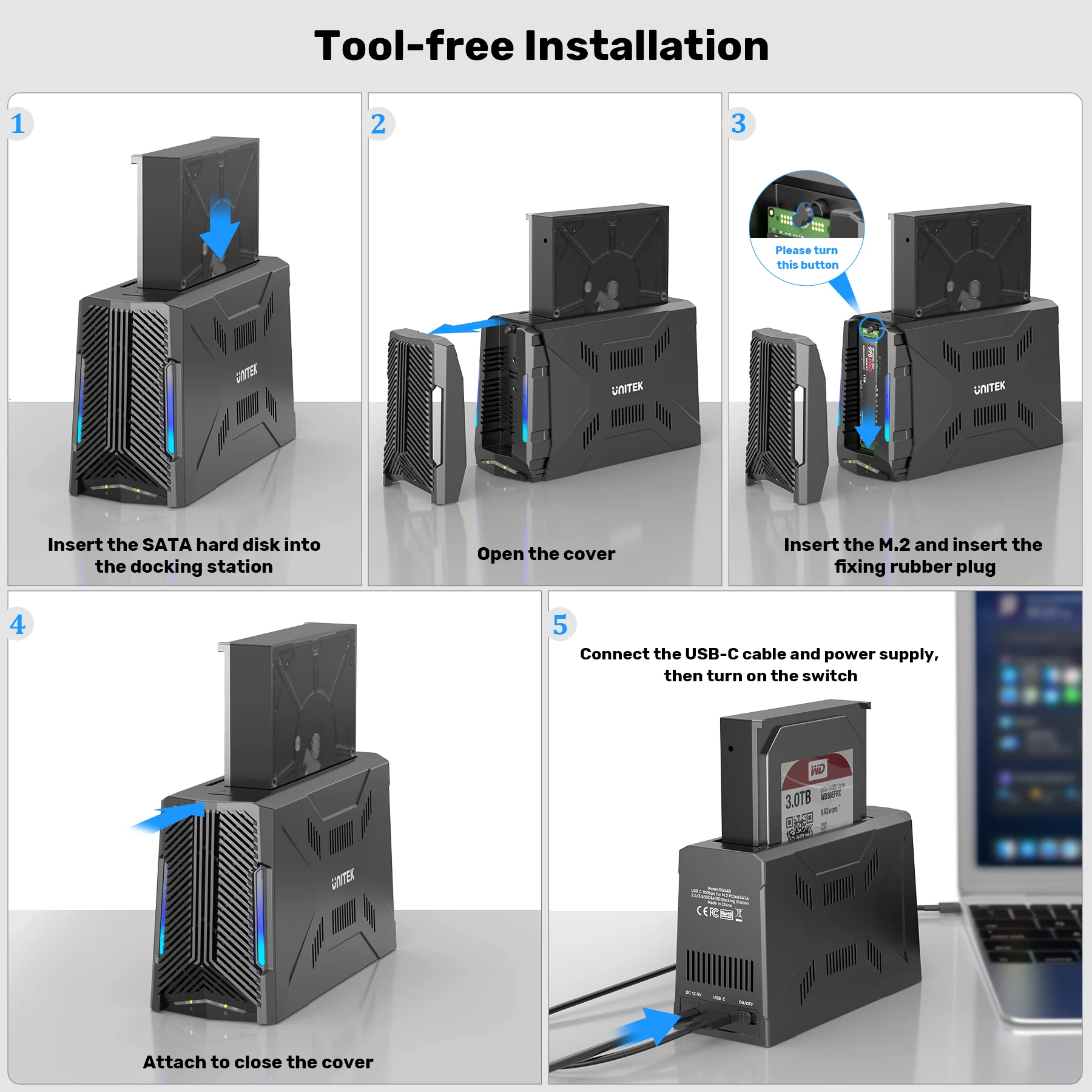 SSD Docking Station Unitek M.2 USB C 10Gbps to M2 NVMe SATA Adapter for 2.5" 3.5" SSD HDD Enclosure