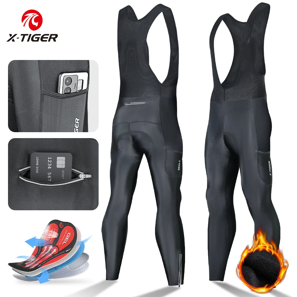 Cycling Pants X-TIGER Winter Men's Cycling Bib Pants Cold Resistant Keep Warm Wool Breathable 5D Gel Pad TMB Mountain Road