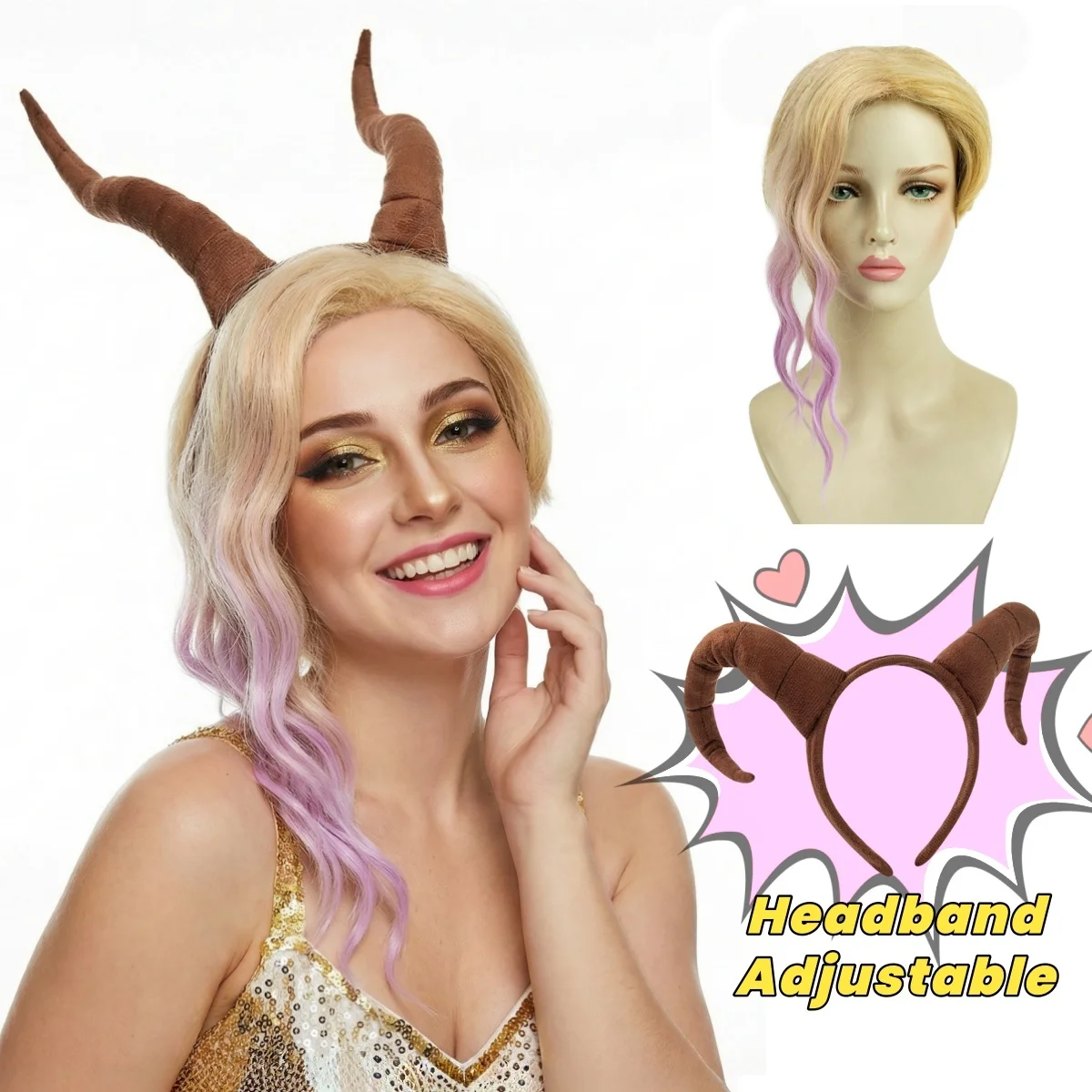 Perruque de costume de chèvre REEWES-Gazelle pour femmes, perruques synthétiques courtes blondes ondulées violettes pour femme, adolescent, cosplay d'anime, fête de théâtre