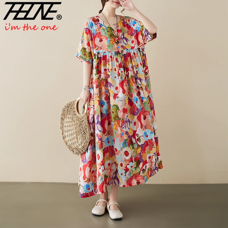 

Dresses for Women Summer Casual Loose Print O Neck Short Sleeve Pullover Robe Vestidos Cotton Vintage A-line Dress Ropa de Mujer