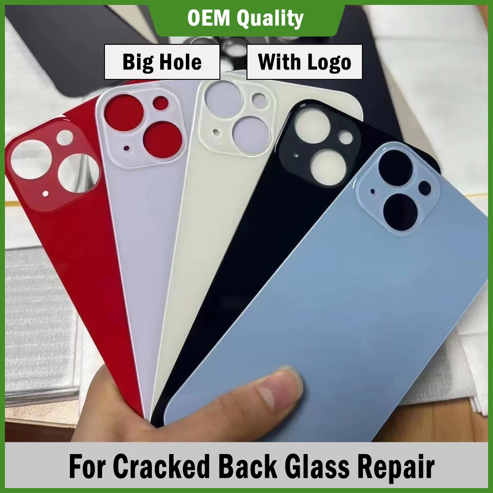 

5pcs Big Hole Battery Back Glass Replacement for 15 14 Pro Plus 13 12 11 XS Max XR 8 Plus Cracked Housing Door Repair with Logo