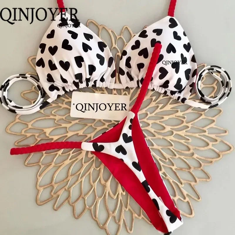 QINJOYER Swimwear Women Cute Heart Print Brazilian Bikini Set Sexy Thong Swimsuit Two Pieces Bathing Suit Women 2023 Beach Wear