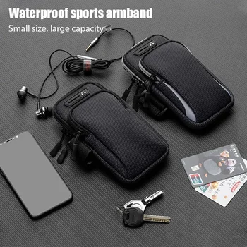 Two waterproof sports armbands displayed on a surface, surrounded by items like a smartphone, earphones, keys, and cards, highlighting the pouches' large storage capacity.