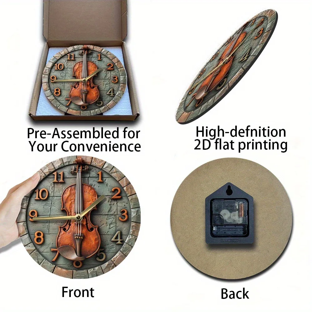 Wooden Wall Clock with Violin Design, Ideal for Home & Office Decoration, Requires AA Batteries 3