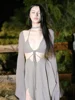 Cutenew Women's Mesh Two Piece Set Sexy Long Sleeve Lace-up Outer Wear Top+Halter Skinny Hollow Out Lady Dress Suit New Outfit 1