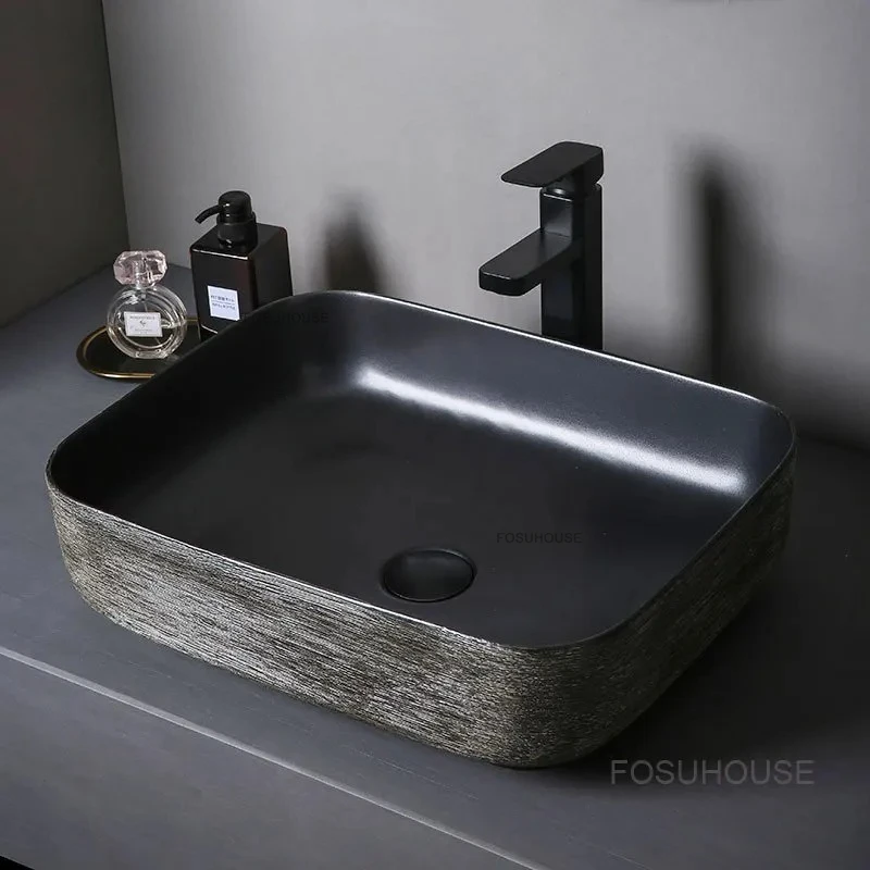 อ่างล้างหน้าเซรามิกสีดำสไตล์ยุโรป งานแฮนด์เมด อุปกรณ์ห้องน้ำสไตล์นอร์ดิก อ่างล้างหน้าสำหรับระเบียงกลางแจ้ง อ่างล้างจานสำหรับบ้านและห้องครัว 1