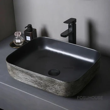 อ่างล้างหน้าเซรามิกสีดำสไตล์ยุโรป งานแฮนด์เมด อุปกรณ์ห้องน้ำสไตล์นอร์ดิก อ่างล้างหน้าสำหรับระเบียงกลางแจ้ง อ่างล้างจานสำหรับบ้านและห้องครัว 1