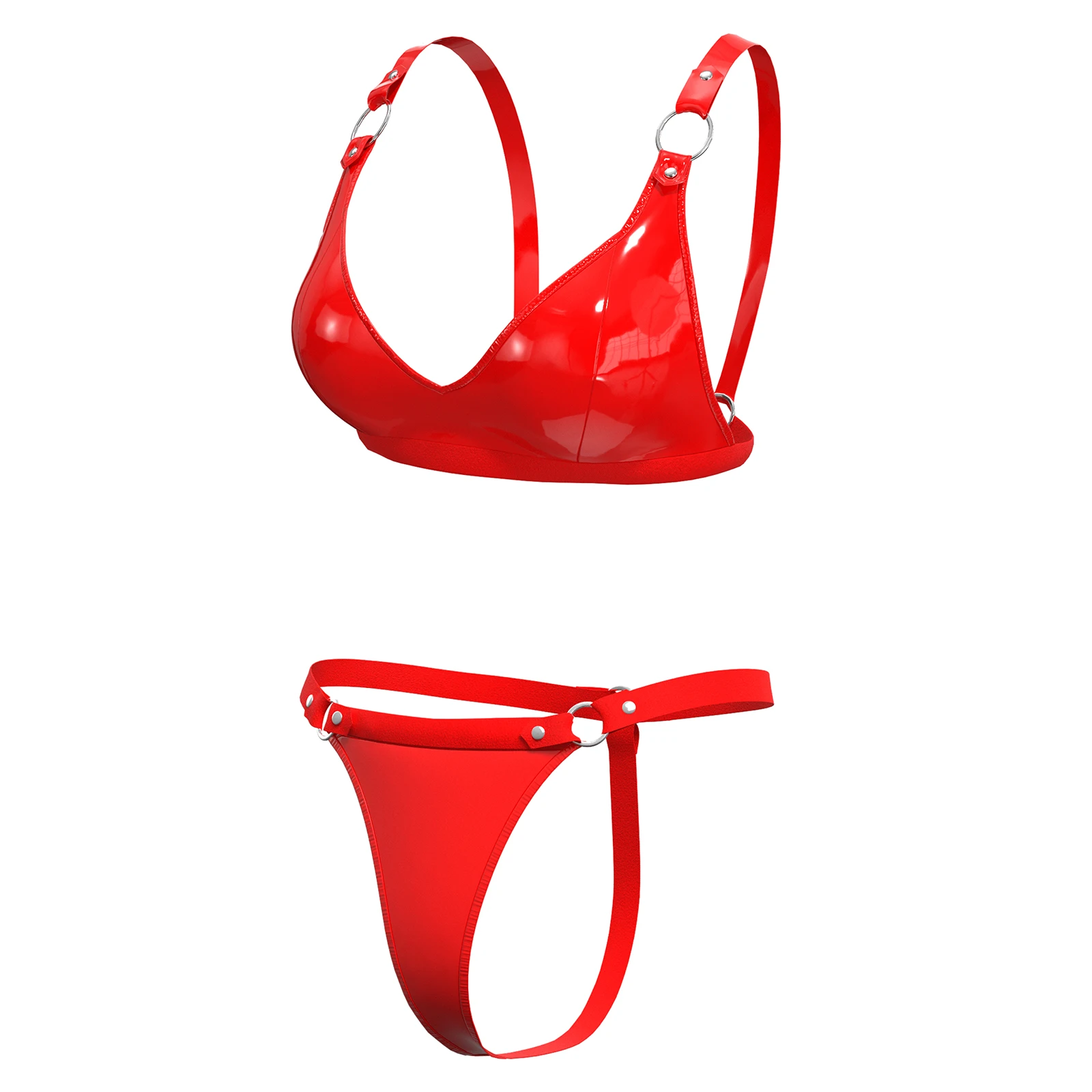 Women Sexy Leather Lingerie Set Shiny PVC Leather Bra High-Elastic Latex Shorts Female Shaping Bra Adjustable