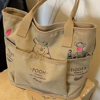 Sac fourre-tout en toile imprimé Winnie l'ourson, sac à bandoulière rétro, grande capacité, multi-poches, sac à main léger, sac de transport pour étudiants 4