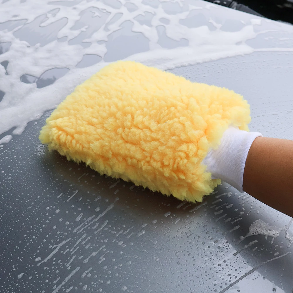 AUTOBRIGHT Dual-Sided Yellow Faux Wool Car Cleaning Glove Scratch-Free Soft Durable Interior Exterior Car Accessories Tools car cleaning gloves