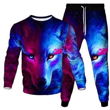 Spring Autumn Dazzle Wolf 3D Print Sportswear Set Casual T Shirt Pants 2-Piece Set Oversize Pullover Hip Hop Unisex Clothing 1