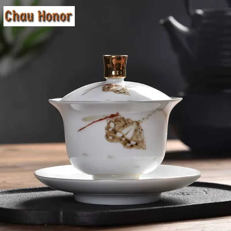 180ml Pure Gilded Silver Gaiwan Creative Hand Painted Sheep Fat Jade Cup Saucer Tea Tureen Tea Brewing Cover Bowl Teaware Craft
