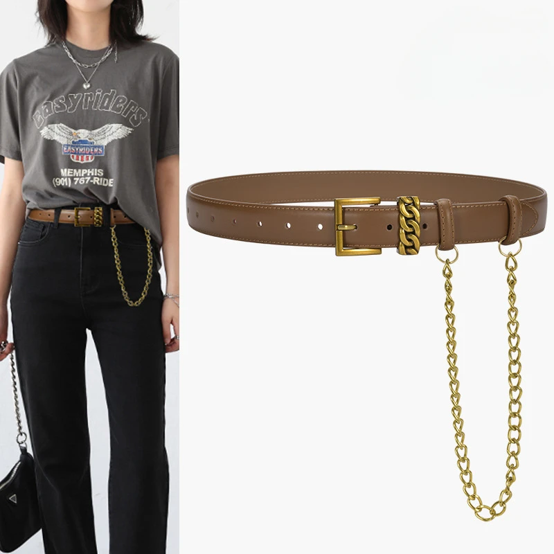 

Metallic Punk Style Belt with Personalized Design, Leather Detachable Chain Belt with Shirt Dress Waist Cover Women Waist Belt