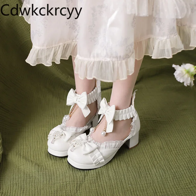 

spring and autumn New styles fashion Round head high-heeled Women's shoes Sweet Lace Butterfly-knot Thick heel Women Shoes