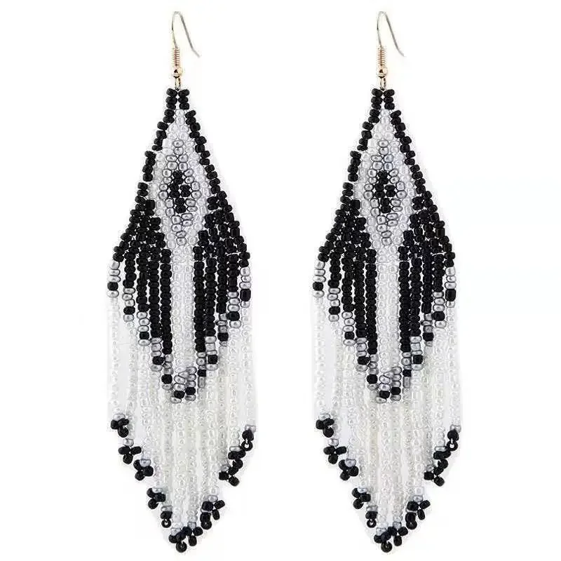 

Fringe Earrings Hand knitting Simple Beaded Bicolor Versatile fashion Bohemia geometry alloy female Rice Bead Earrings