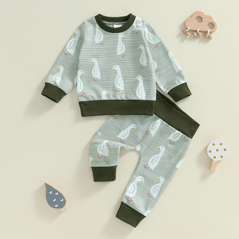 

2024-05-24 Lioraitiin 0-3Y Baby Boy Girl Fall Outfit, Duck Print Long Sleeve Sweatshirt Elastic Waist Pants 2 Piece Set
