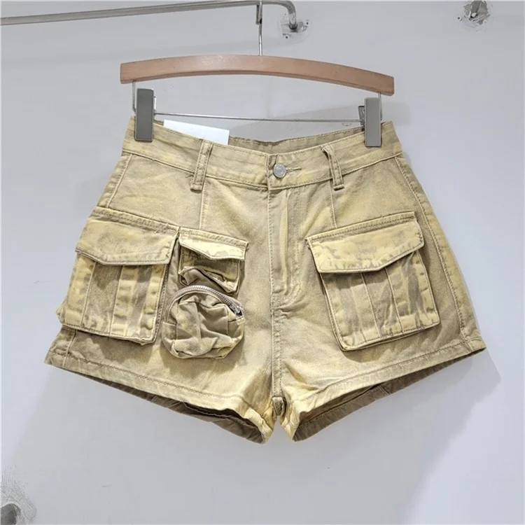 Women Jeans Shorts Multiple Pockets Washed High Waist Wide Leg Patchwork Cargo Short Pants