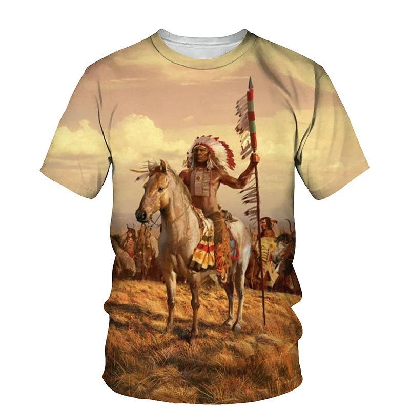 

Men 3D Printing Indians Print Oversized Hot T Shirts Summer Fashion Trend Statement Shirts Retro Funny Character Pattern Tops