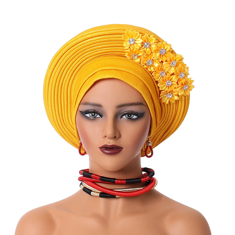 

2024 новый африканский головной убор тюрбан Нигерия головные уборы с цветами уже изготовленные Auto Gele женские головные уборы для свадебной вечеринки Кепка головной убор