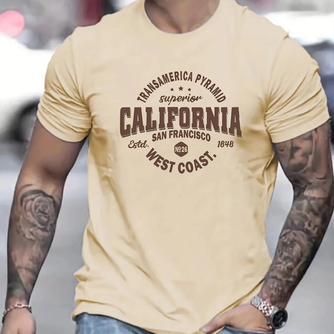Men's Cotton Casual Sports Loose Fit California West Coast Print Round Neck Short Sleeved T-shirt Top Summer Men Clothes