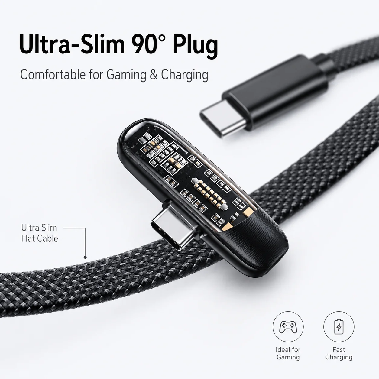 100W 직각 플랫 USB-C 케이블, 아이폰 PD 및 화웨이 66W 슈퍼차지용 투명 고속 충전 케이블