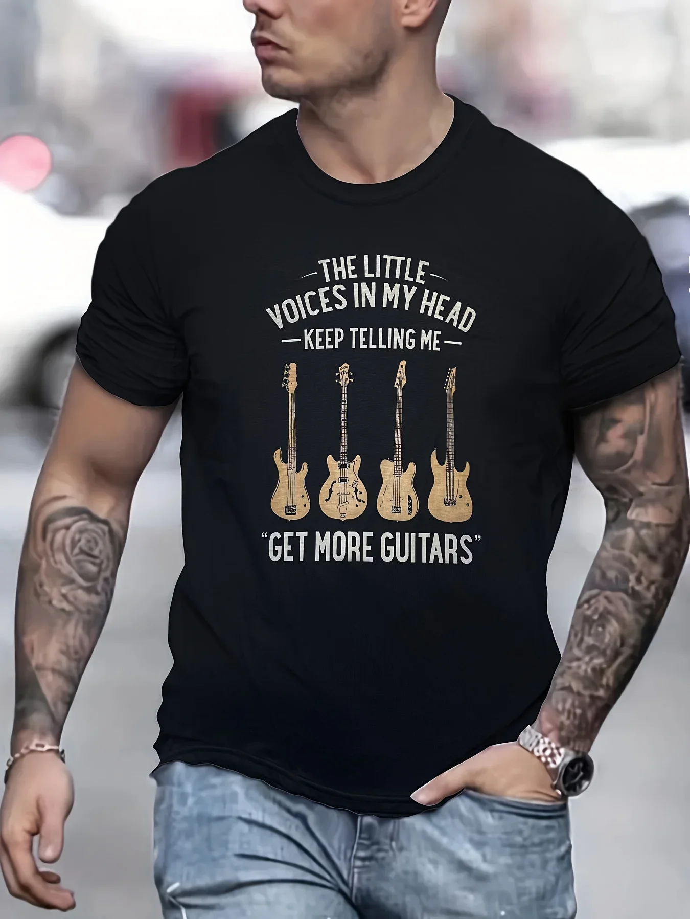 

Men's crew neck short-sleeved T-shirt with guitar and lyrics print summer casual top personality street everything