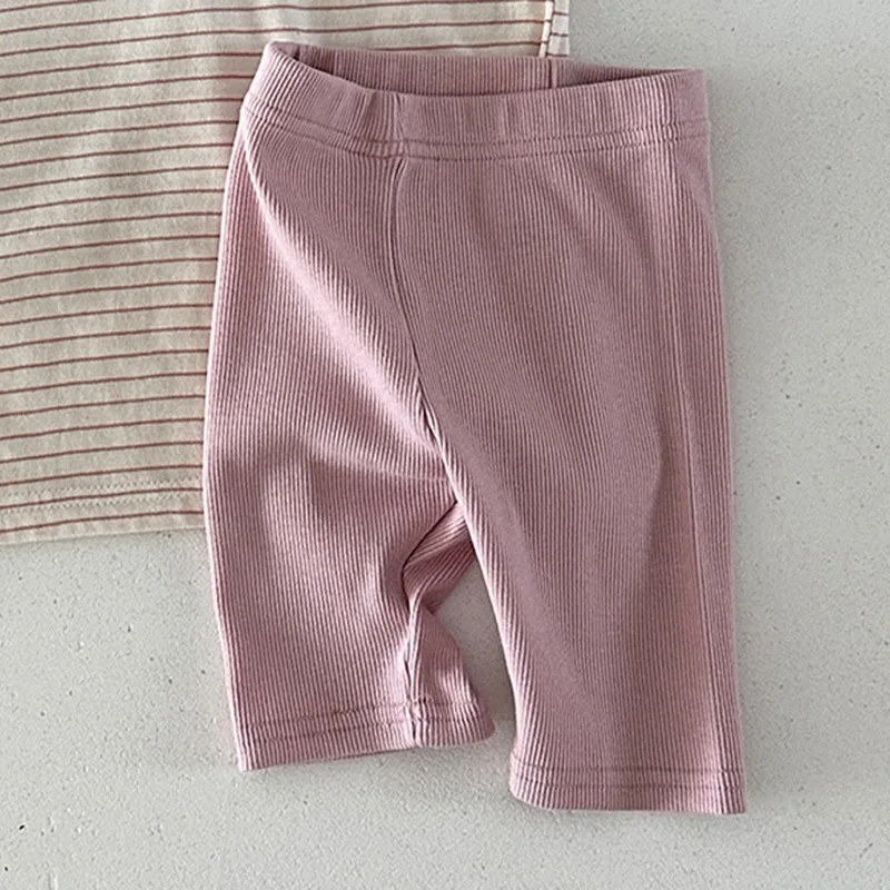 2024 Summer New Children Cotton Striped Leggings Baby Boy Girl Solid Elastic Shorts Toddler Versatile Middle Pants Kids Leggings