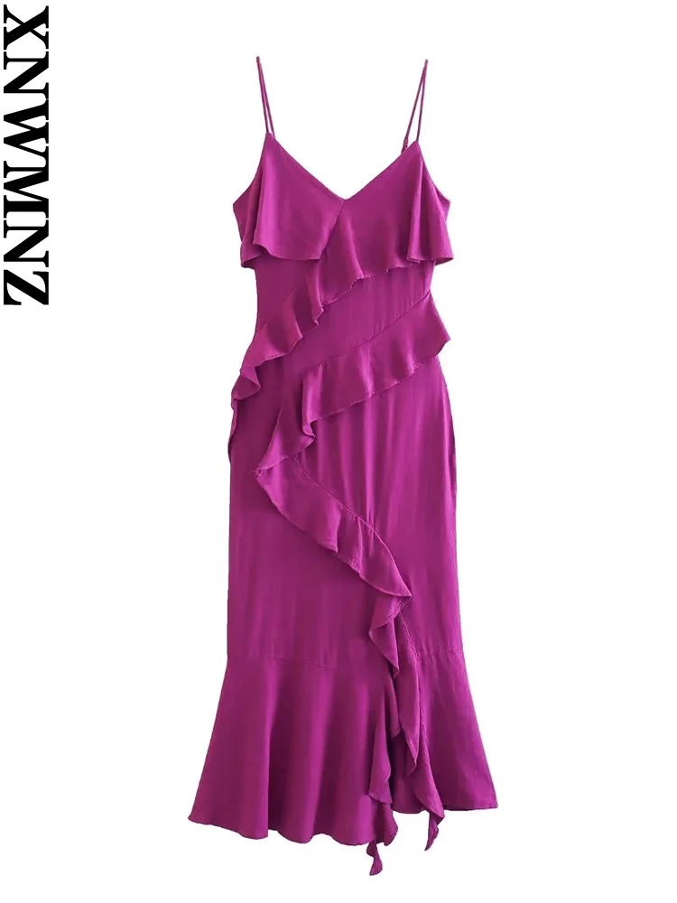

XNWMNZ women's fashion 2023 ruffle slip dress women beach vacation V-neck thin adjustable straps hem slit female midi dresses