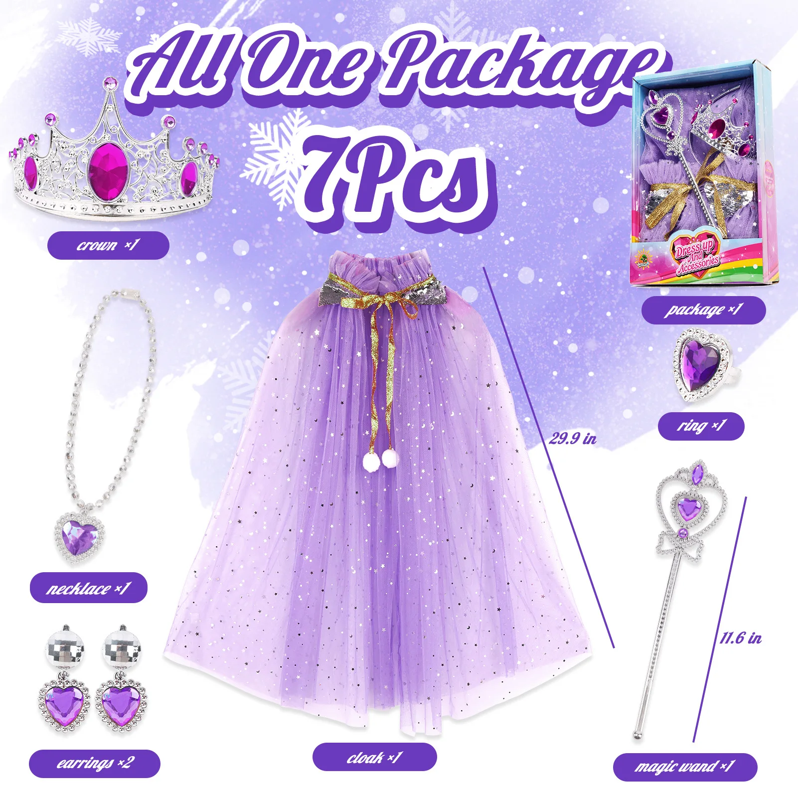 7pcs Princess Dress Up Toy Set for Little Girls Toddlers with Cape,Crown,Wand,Play Jewelry Birthday Gift Helloween Costume