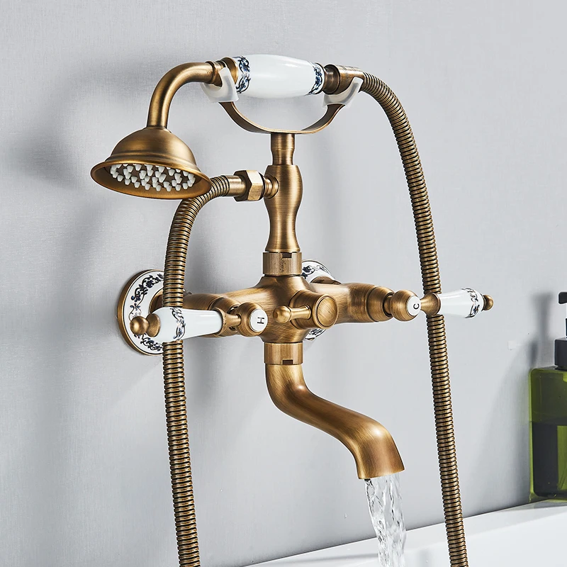 Antique Brass Bathroom Shower Faucet Wall Mount Blue and White Porcelain Dual Handle Cold Hot Water Mixer Shower Tap For Bathtub bathtub faucet shower faucet water mixer