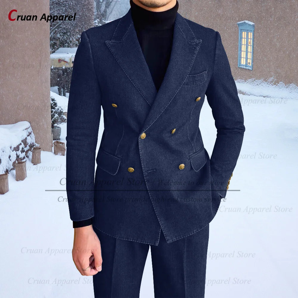 Latest Denim Suit Men Slim fit Fashion Double Breasted Business Wedding Vintage Tuxedo Tailor-made Casual Jacket Pants 2 Pieces formal suit