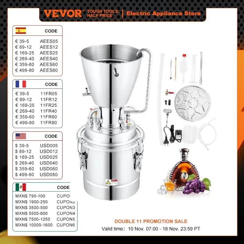 VEVOR Water Alcohol Distiller 8 Gal/30L 304 Stainless Steel Still with 6-Lap Coil & Exhaust Port Home Distillery Kit Oxygen-Free