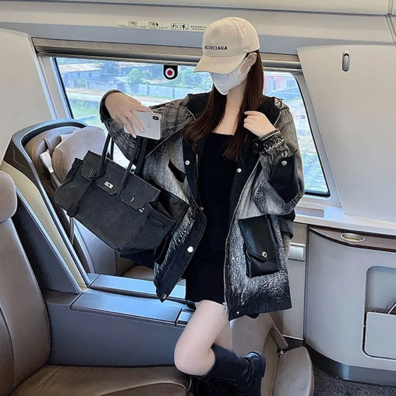 

2023 Jacket Spring And Autumn New Work Clothes Denim Splicing Women'S Medium Length Loose Baseball Uniform Package Shipping