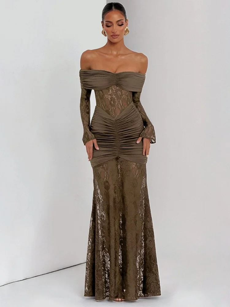 Wmstar Dress Wholesale Women Dresses with Lace Patchwork One Shoulder Slit Long Sleeved Pleated Long Skirt One Pieces 2025